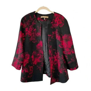 Nipon Boutique Red Black Floral Blazer Jacket Size 8 Long Sleeves Office Classic